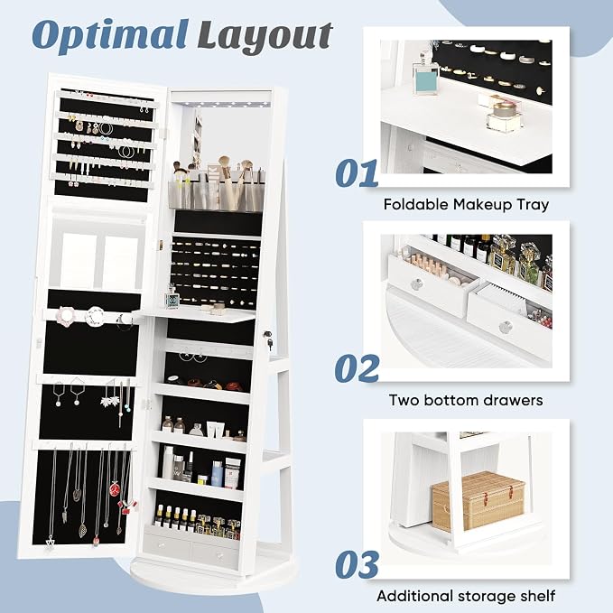 360° Rotating Jewelry Armoire with Full-Length Mirror & LED | Lockable Standing Organizer, Secure Storage For Jewelry, White