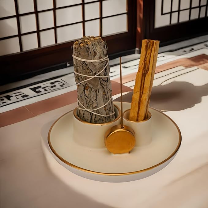4 in 1 Incense Holder, Ceramic Incense Stick and Palo Santo Holder,Sage Holder for Burning- 4.25" Ceramic Ash Catcher Tray for Meditation and Yoga Room (White Golden)