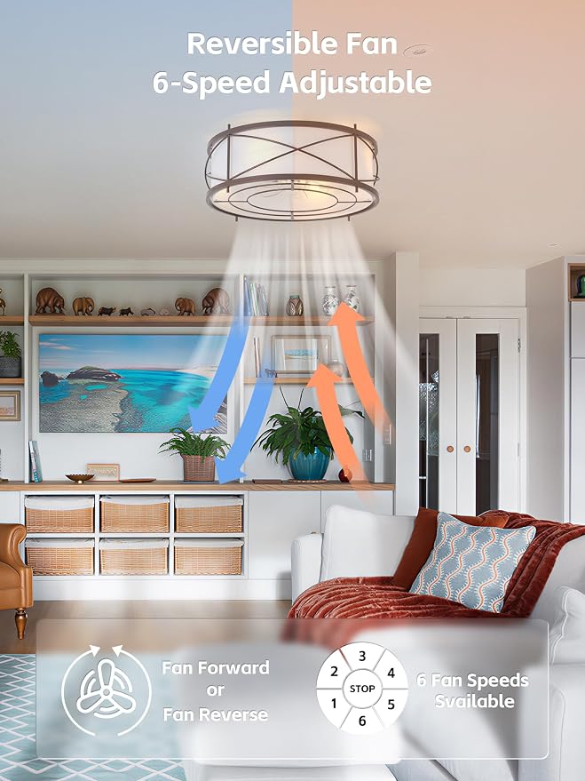 Brown Flush Mount Farmhouse Ceiling Fan with Lights, 20" Caged Rustic Ceiling Fans with Light and Remote, Enclosed with 6 Speeds for Living Room, Bedroom, Nursery