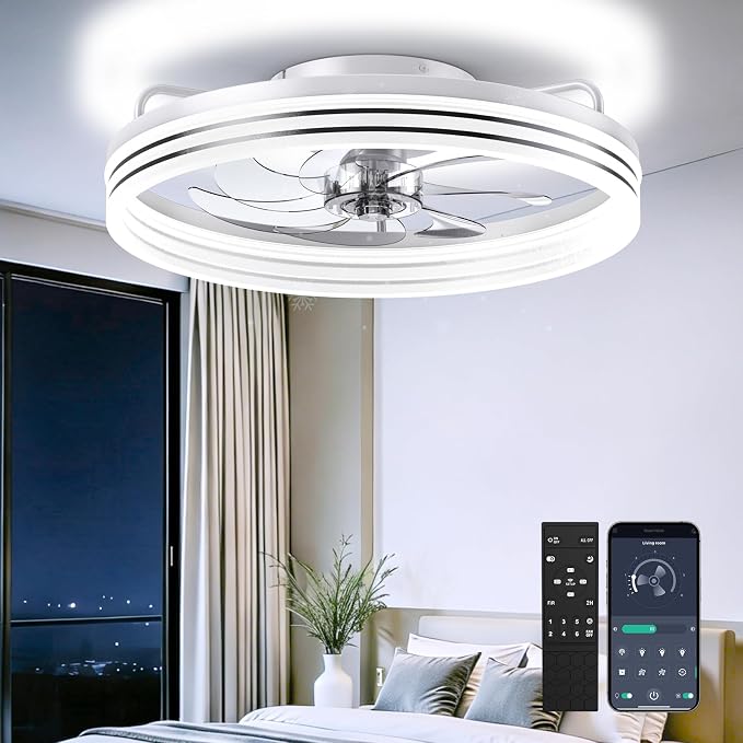 AIKVSXER Ceiling Fan with Lights and Remote, 20in Modern Ceiling Fans | 3000K-6500K Smart Ceiling Fans with Lights, Low Profile Flush Mount Ceiling Fan with Light, Quiet Ceiling Fan for Bedroom