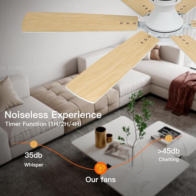OURSTAR Ceiling Fans with Lights and Remote Control, White Low Profile Ceiling Fan with Light 3-Color LED Dimmable, Memory for Lighting and Fan Reversible, 6-Speed, Timer, Indoor/Outdoor Use, 52 Inch