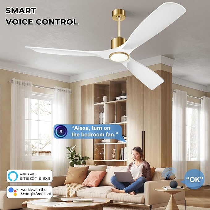 60" Ceiling Fan with Lights,Outdoor Ceiling Fan Work Smart with Alexa/Gg/App/Remote,3-Color Light 6-Speed Quiet Reversible DC Motor for Patio Porch,White and Gold