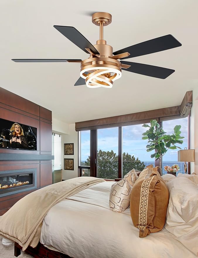 52" Black and Gold Modern Chandelier Fandelier Ceiling Fan with Light | DC motor, reversible, dimmable, 3 adjustable rings for DIY shape; recommended for bedroom, living room, and indoor use.