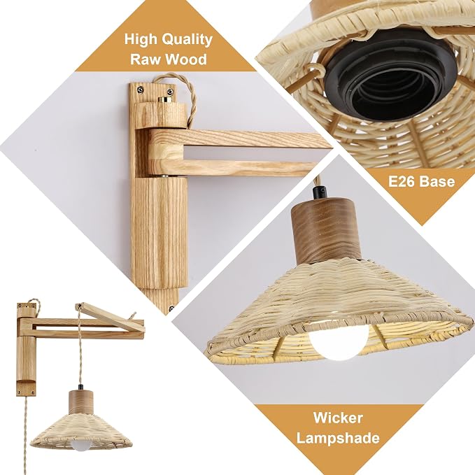 Wood Plug in Wall Sconces, Swing Arm Wall Lamp with Dimmable On Off Switch, Vintage Wall Mounted Light Fixture with Cord for Bedroom Nightstand Bedside Reading Lamp - Bulb Included