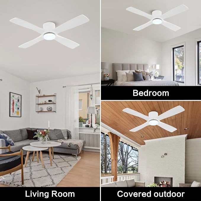 WINGBO 54 Inch Flush Mount DC Ceiling Fan with Lights and Remote, 4 Reversible Carved Wood Blades, 6-Speed Noiseless DC Motor, Hugger Ceiling Fan in Gloss White with White Blades