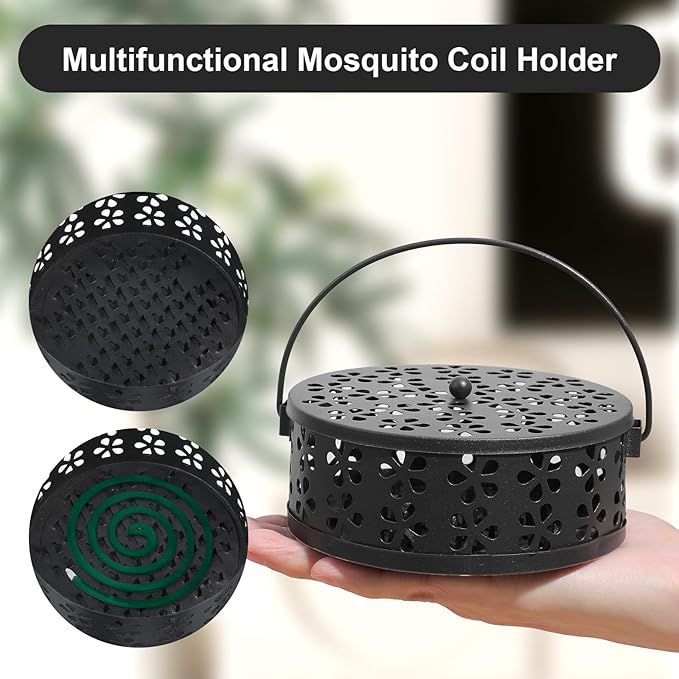 4Pcs Mosquito Coil Holder, Coil Incense Holder with Handle Round Heat-Resistant Mosquito Incense Burner for Indoor Outdoor Hanging Camping Patio (Black)