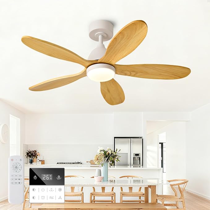 42 Inch Solid Wood Ceiling Fans With Lights, Remote Control, Dimmable, Reversible, Wood Blades, Power-Off Memory, Quiet DC Motor, Indoor/Oudoor Ceiling Fan with Light for Patio,Farmhouse