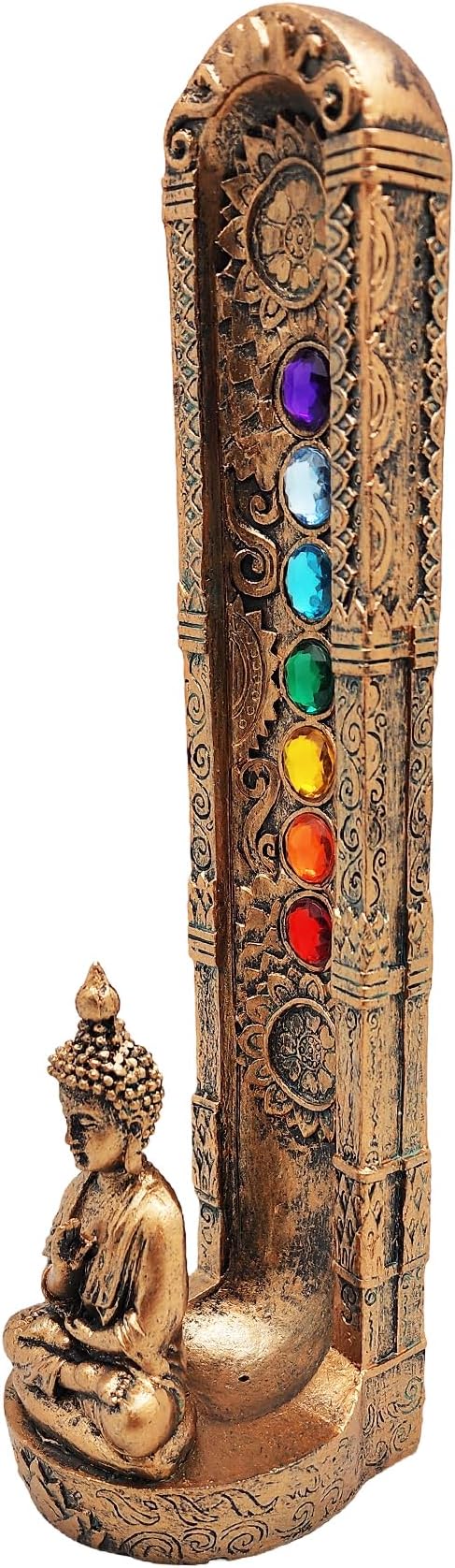 Standing Buddha Chakra Stone Incense Burner – Includes 7 Color Chakra Stones | Handcrafted Resin Holder for Sticks & Cones | Spiritual Meditation Decor for Home, Yoga, Reiki & Healing Rituals
