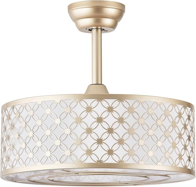 Gold Fandelier Ceiling Fan with Light, 20" Caged Gold Chandelier Ceiling Fans with Lights Remote Control, Fabric Mid-Century Modern with 6 Speeds for Bedroom, Nursery, Living Room.