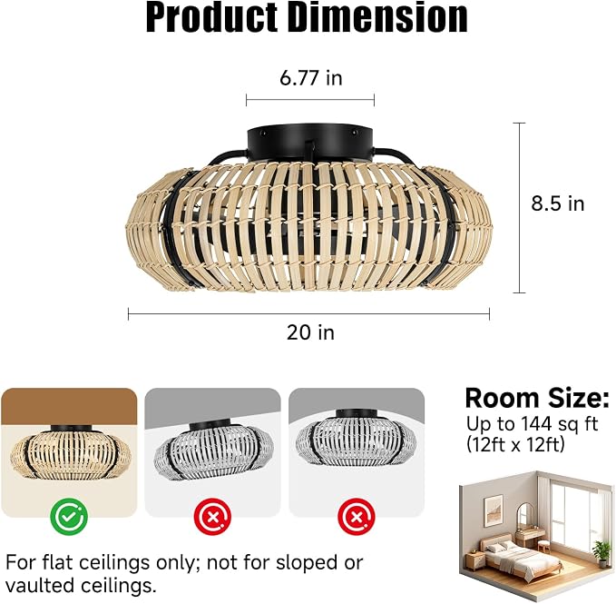 ocioc 20" Fandelier Ceiling Fans with Lights and Remote,Caged Ceiling Fan with Light,Flush Mount,Low Profile,Bladeless,Quiet Reversible DC Motor,Boho Rattan Ceiling Fan for Bedroom