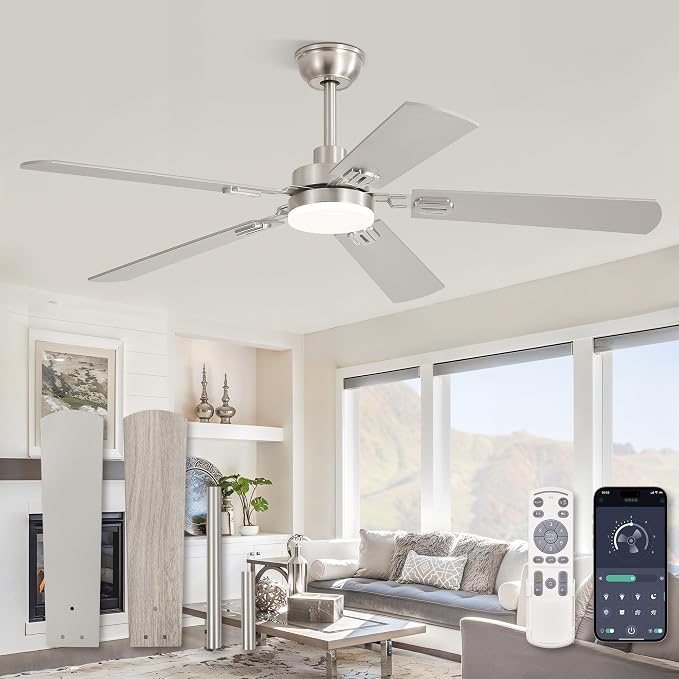 ZMISHIBO 52" Ceiling Fans with Lights, Nickel Modern Ceiling Fan with Remote & App Control, Bedroom Indoor Ceiling Fan with Dual Finish Blades, Quiet & Strong Motor, 24W Dimmable Bright LED Light.