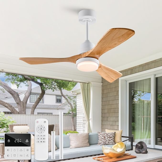 42 Inch Outdoor Ceiling Fans with Lights and Remote Control, Dimmable Outdoor Ceiling Fans for Patios 3 Blade Wood White Natural Wood Bedroom Ceiling Fan with Light, Wall Switch