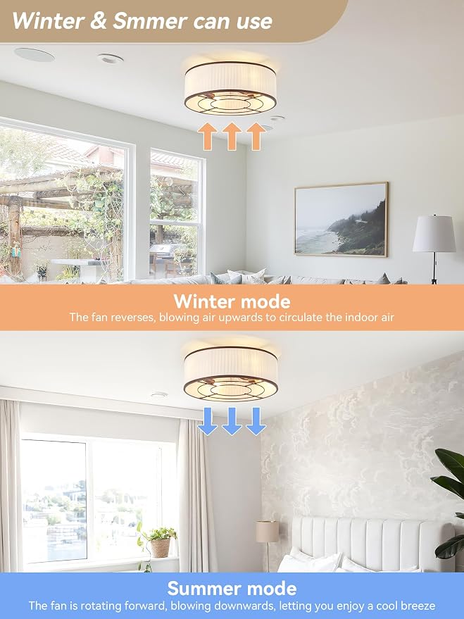 Boho Ceiling Fan with Light Flush Mount, 20" Brown Caged Ceiling Fan with Lights Remote Control, Bladeless Ceiling Fans 6 Speeds for Bedroom, Living Room, Nursery