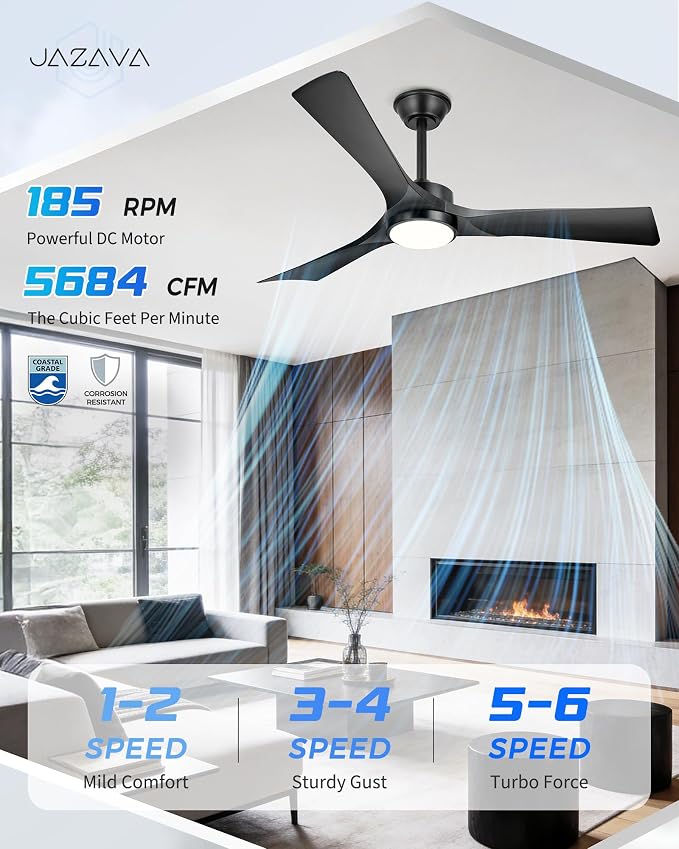 52" Ceiling Fan with Light & Remote, Black, ZCCF08BK-52 | Coastal-grade finish, remote, 6 speeds, 3CCT dimmable LED and quiet reversible DC motor for living rooms and covered patios