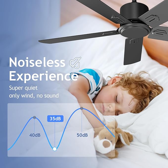 Obabala 52 Inch Ceiling Fan No Light, Outdoor Indoor Flush Mount Low Profile DC Motor Fan with Remote and APP, 5 Blades Reversible Silent Fan for Patio, Bedroom, Living Room, Garage, Black