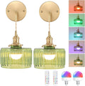 Shenmoyl Battery Operated Wall Sconce with Green Striped Shade Pattern Glass Adjustable Chain Retro Gold Wall Mounted Light, Modern Wall Decor for Bedside Bedroom Indoor Doorway， Set of 2