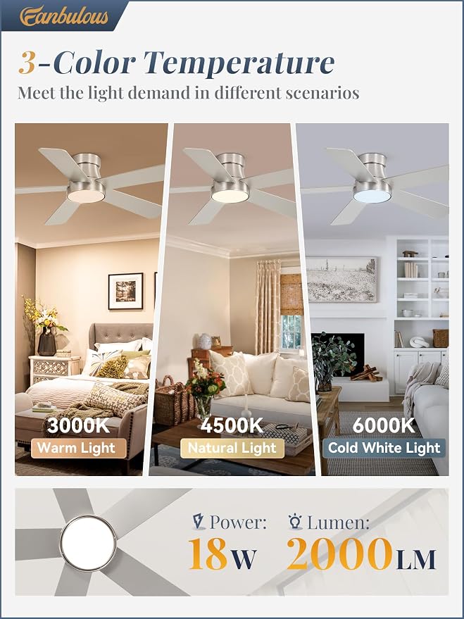 Fanbulous 42 Inch Ceiling Fans with Lights and Remote,Indoor Modern Flush Mount Ceiling Fan with 3CCT 6-Speed Quiet DC Motor,Black Small Low Profile Ceiling Fan for Bedroom Living Room Office(Nickel)