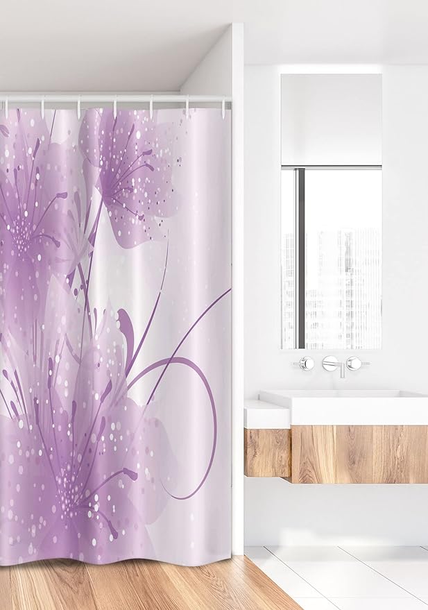 Ambesonne Modern Stall Shower Curtain, Abstract Art Style Illustration of Swirling Ornaments and Irregular Dots, Fabric Bathroom Decor Set with Hooks, 36" W x 72" L, Pale Purple and White