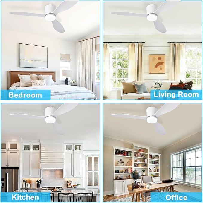 Depuley Flush Mount Ceiling Fan: 52-Inch White Ceiling Fans with Lights for Bedroom Indoor Outdoor - Low Profile Ceiling Fans with Remote Control 24W 3CCT Dimmable 3 Reversible White Blades 6 Speeds