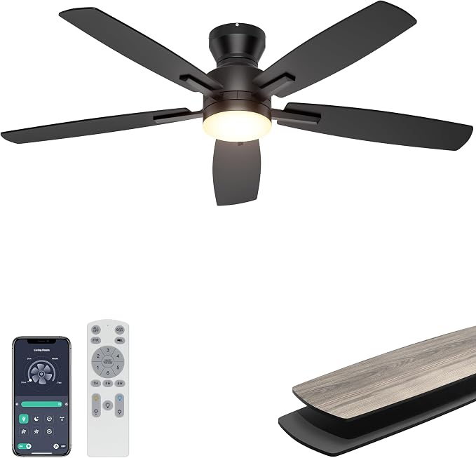 Ohniyou Ceiling Fans with Lights, 52'' Low Profile Ceiling Fan with Light and Remote/APP Control, Modern Flush Mount Ceiling Fan for Indoor Bedroom Living Room, Dimmable, Quiet DC Motor, Black