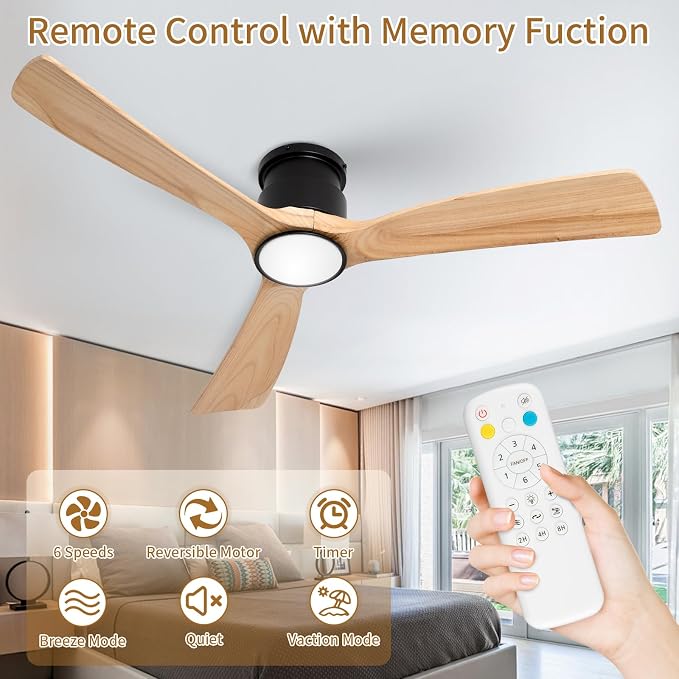 Ceiling Fan with Lights,52 Inch Wood Flush Mount Ceiling Fans with Remote Control,Dimmable Light,3 CCT,6 Speeds,Noiseless,Ceiling Fan for Bedroom,Living Room,Office,Indoor,Natural Wood and Black