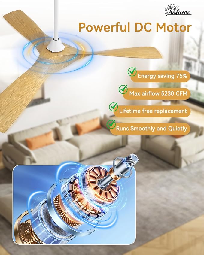 Sofucor 52 Inch Ceiling Fans No Lights, Modern Ceiling Fan with 3 Plastic Blades, 4500CFM 6-Speed 3-Timer Reversible DC Motor, for Bedroom Living Room Patios Office, ETL/FCC