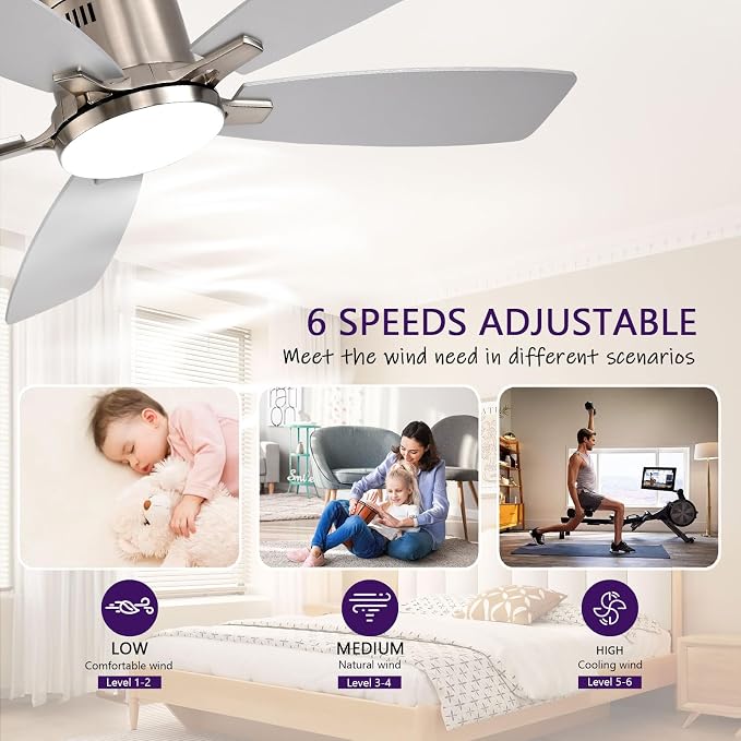 FUMLTP 52 inch Ceiling Fans with Lights, Flush Mount Ceiling Fan with Light and Remote/APP Control, DC Motor, Dimmable LED, Noiseless, Low Profile Ceiling Fan for Bedroom Indoor/Outdoor Use (Nickel