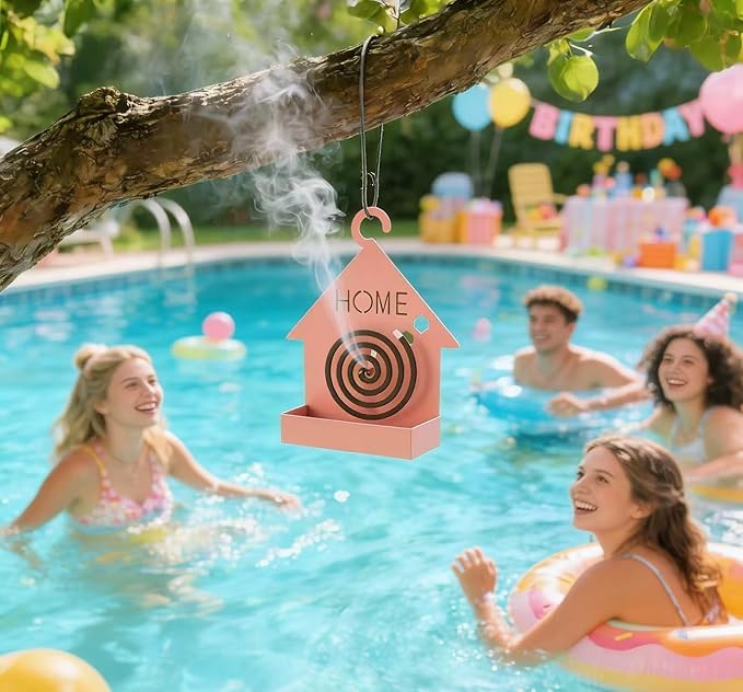 Mosquito Coil Holder House-Shaped Mosquito Coil Holder, Portable Incense Burner with Buckles for Outdoor, Camping, Patio, Pool Side (Pink)