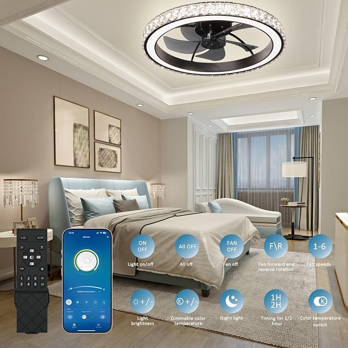 Aipsun Low Profile Modern Crystal Chandelier Ceiling Fans with Lights and Remote, 3000K-6500K Smart Bladeless LED Fan Light, 22" Black Modern Ceiling Fans with Lights for Bedroom