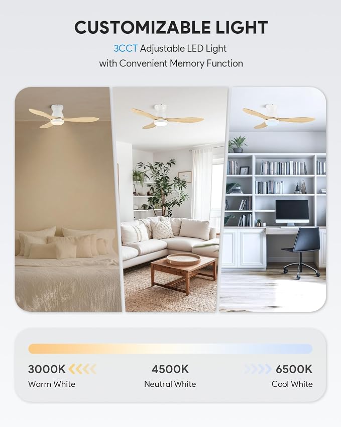 VONLUCE Wood Ceiling Fan with Lights, 42 Inch Flush Mount Ceiling Fan and Remote, 6-Speeds Quiet Reversible DC Motor, 3CCT, Natural Wood 3 Blades Outdoor Ceiling Fan for Patios Farmhouse, White