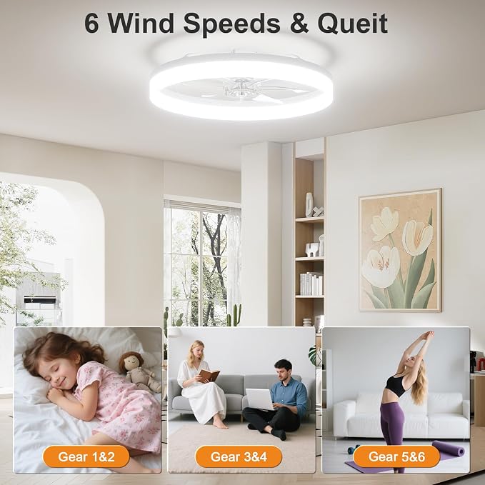 VOLISUN Low Profile Ceiling Fans with Lights and Remote, 23.6in Fandelier Ceiling Fan with Light, 3000K-6500K Dimmable Bladeless LED Fan Light, White Flush Mount Ceiling Fans with Lights for Bedroom