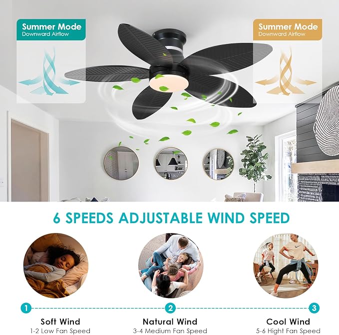 Surtime 46" Black Ceiling Fans with RGB Lights - Flush Mount Ceiling Fan Light with LED 3CCT Dimmable, Tropical Palm Leaf Ceiling Fans for Indoor Party,Covered Outdoor