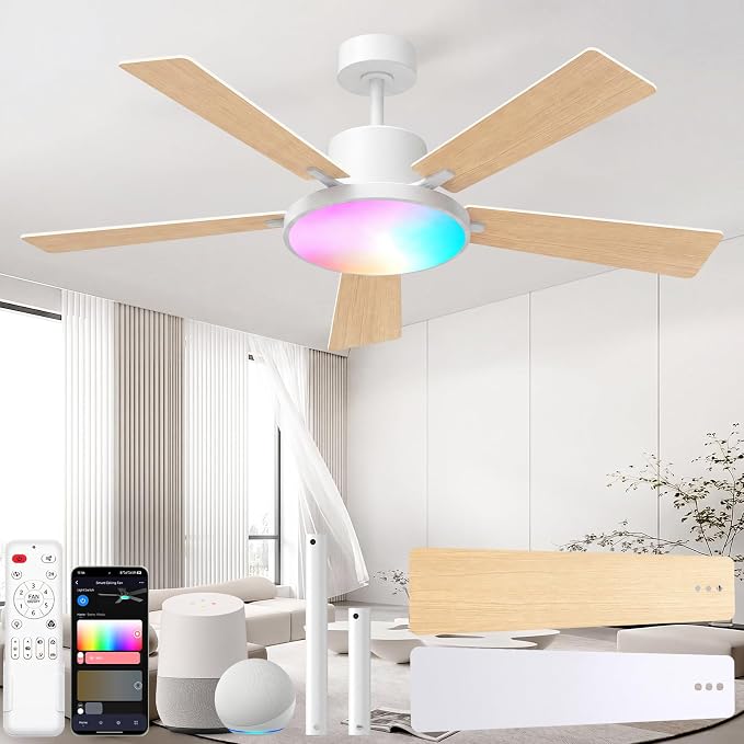 CINOTON Smart Ceiling Fan with Lights, 52'' RGBCW Ceiling Fan with Lights and Remote App Voice Control, Reversible DC Motor, 2600lm LED, 6 Speeds & 2 Fan Mode, Quiet Fan for Bedroom, Living Room White