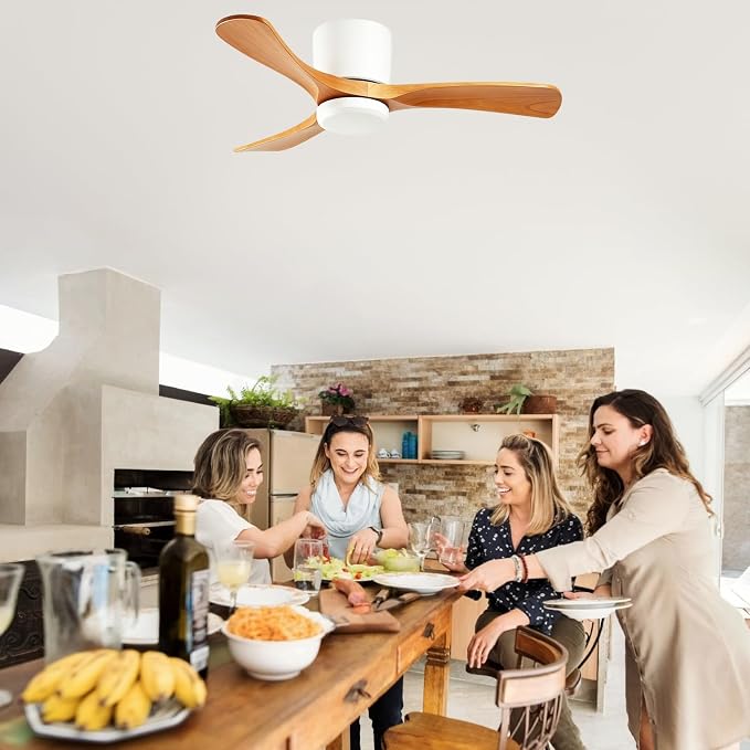 GESUM 42 Inch Wood Ceiling Fan without Light | Flush Mount, Remote Control, 3 Blade 6-Speed Reversible DC Motor, Noiseless Timer, For Bedroom Living Room Patio Porch