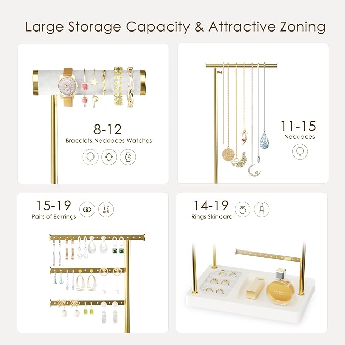 SZQINJI 5 Tier Jewelry Holder Organizer, Gold Necklace Stand Display, White | Velvet Bracelet Holder, Adjustable Height Jewelry Display for Necklaces, Bracelets, Earrings, Rings, Gift Idea for Women