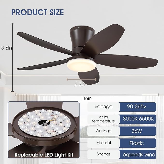 Surtime 36IN Ceiling Fans with Light and Remote/APP Control, 5-Blade Reversible Motor Ceiling Fan, 3-Color Dimmable Lighting, All-Brown Finish