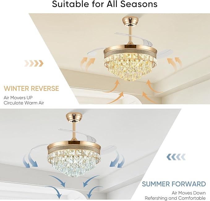 48 Inch Chandelier Ceiling Fans with Lights, Retractable Ceiling Fan with Lights, Crystal Fandelier Ceiling Fan for Bedroom Living Room, LED Dimmable, 6 Wind Speed,3 Color Temperatures-Gold