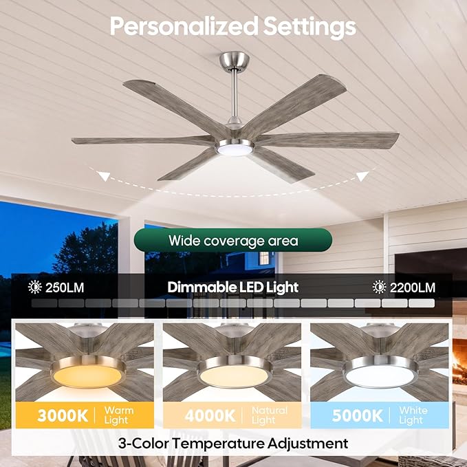60 Inch Smart Outdoor Ceiling Fan with Light, Modern Farmhouse Style, Works with Alexa/App/Remote, 6 Gray Solid Wood Blades, Damp Rated Quiet DC Motor for Patios, Covered Porches & Indoor Bedrooms