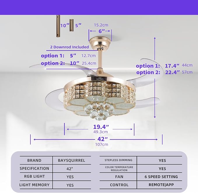BAYSQUIRREL Retractable Crystal Ceiling Fan with Light, Bluetooth Ceiling Fan with Speaker, RGB-LED Light 6 Speed Reversible Low Profile Modern Invisible Ceiling Fan,Remote and APP Control