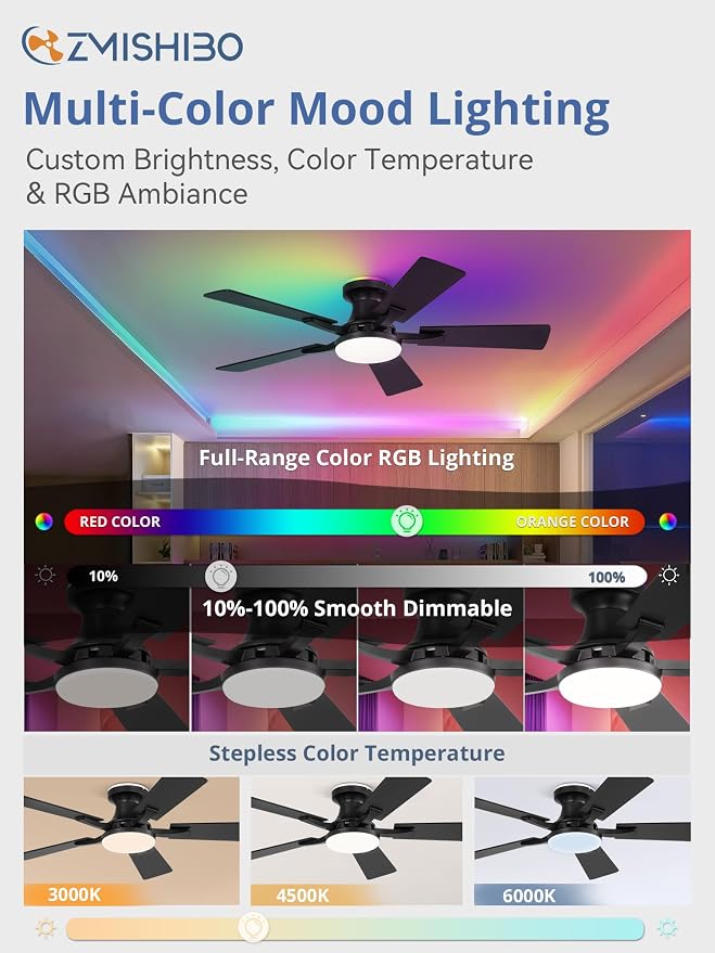 ZMISHIBO 42 Inch Ceiling Fans with RGB Lights, Low Profile Flush Mount Ceiling Fan with Alexa/App/Remote, Dimmable 20W LED Light, Black Modern Fan for Living Room, Bedroom, Game Room