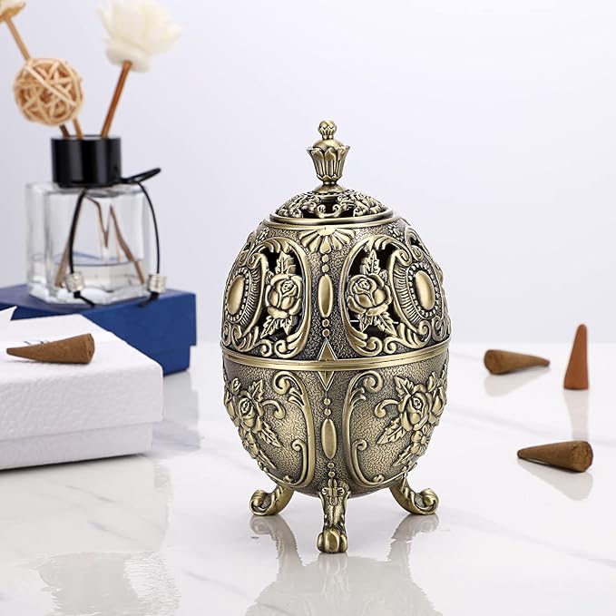 JUXYES Vintage Incense Burner Holder with Removable Ash Catchers, Metal Censer Antique Cone Coil Incense Burner Holder Zinc Alloy Spiritual Aromatherapy Yoga Meditation Gifts Retro Home Decoration