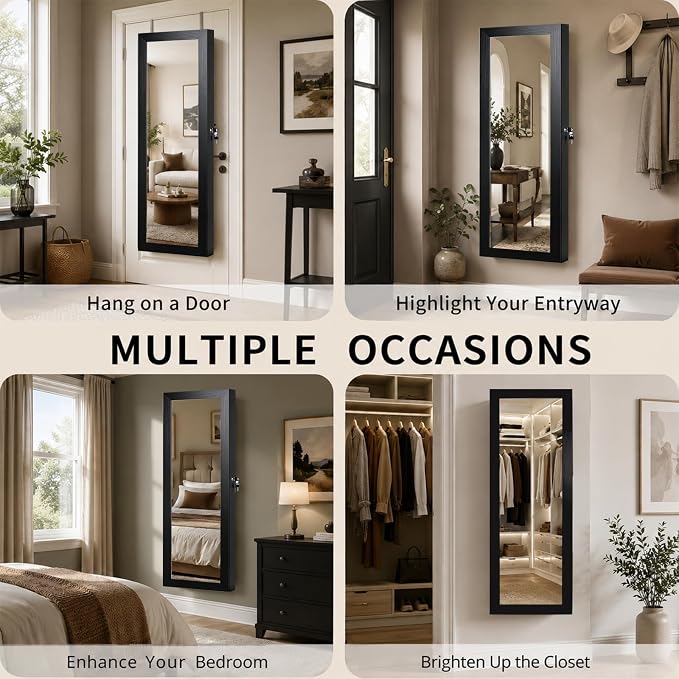 Over the Door Jewelry Organizer, Wall Mounted Jewelry Cabinet, Hanging Mirror with Storage Box, Wall/Door Mounted Full Length Mirror with LED