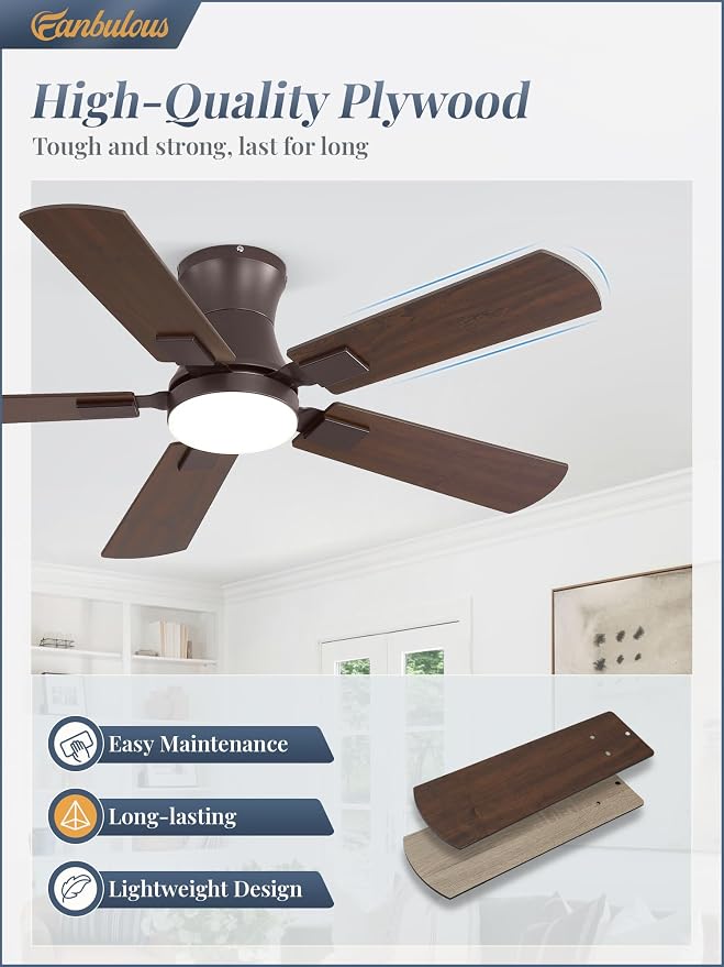 Fanbulous 42 inch ceiling fan with light, Low Profile Ceiling Fan with Light, App&Remote Control, Dimmable LED Light, Flush Mount Ceiling Fan for Indoor Bedroom Living Room, Qiuet DC Motor