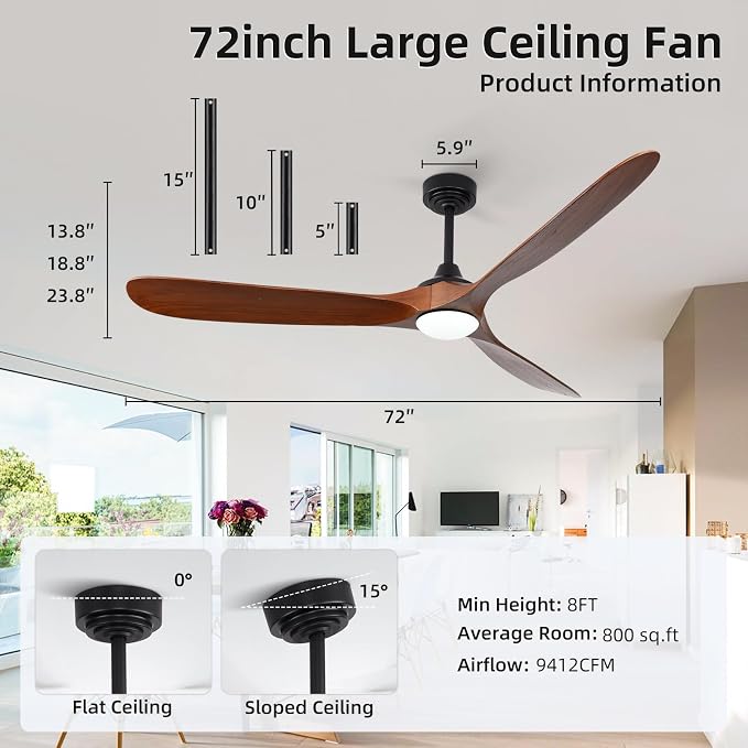Ceiling Fan with Lights, 72'' Solid Wood Indoor/Outdoor Ceiling Fan with Quiet Reversible DC Motor, Compatible with Alexa/Google/App, 3CCT Dimmable, 6 Speeds Walnut Outdoor Fan for Patio Porch