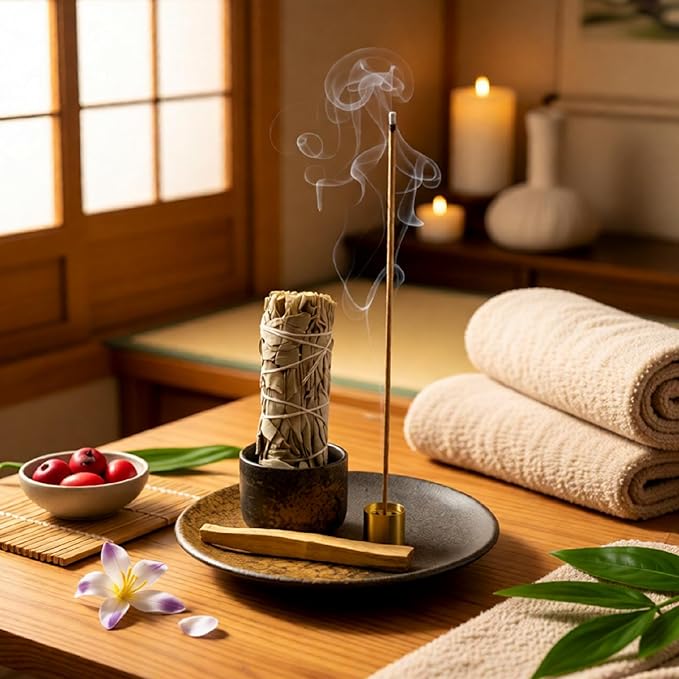 3 in 1 Incense and Candle Holder, Ceramic Palo Santo Burner Sage Burner, Multi Holes Brass Incense Stick Holder, 5.9” Ceramic Ash Catcher Tray, Incense Burner Set for Meditation
