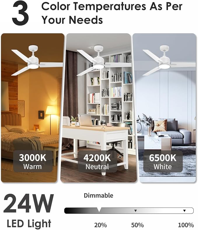 52 Inch White Ceiling Fan with Lights and Remote, Modern DC Motor Ceiling Fan with 3 Reversible White/Natural Wood Blades, 3CCT Dimmable LED, 6 Speeds, Quiet Fan for Nursery, Bedroom, Patio