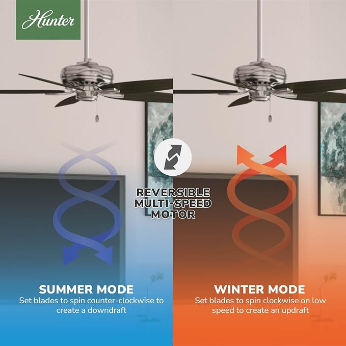 Hunter 52 inch Indoor Ceiling Fan No Light with Pull Chain - Ceiling Fan without Light, Standard Mount, 5 Blades, For Bedroom, Living Room, or Kitchen, Quiet - Newsome 53321, Brushed Nickel