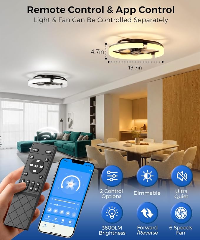 PACOVY Ceiling Fans with Lights and Remote 20 Inch, 3200LM LED & 6-Speed Fan, Low Profile Ceiling Fan Light Fandelier Dimmable 3000K–6500K, Quiet Copper Motor, Bedroom Small Flush Mount Ceiling Fan
