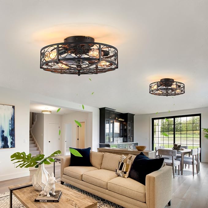 20'' Caged Ceiling Fan with Lights and Remote Control,Small Farmhouse Bladeless Low Profile Ceiling Fans Lights,Industrial Flush Mount Low Profile,Reversible Motor 6 Speeds for Bedroom,Living Room