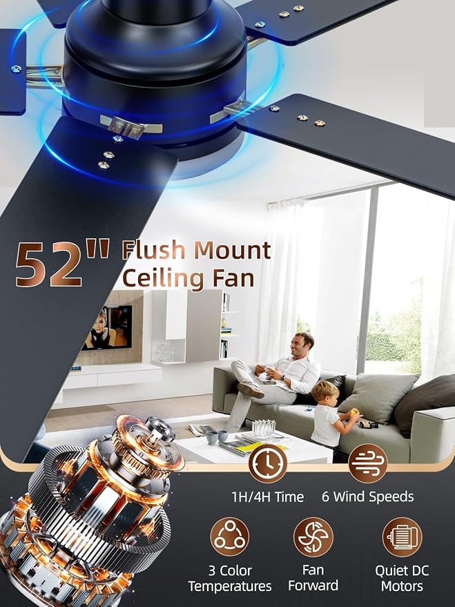 LANMEL 52 Inch Flush Mount Ceiling Fan with Light, App&Remote Control, Low Profile Modern Ceiling Fan, 6 Speed, Reversible, 3000k-6500k Dimmable LED, Quiet DC Motor for Indoor Outdoor, Gold Black